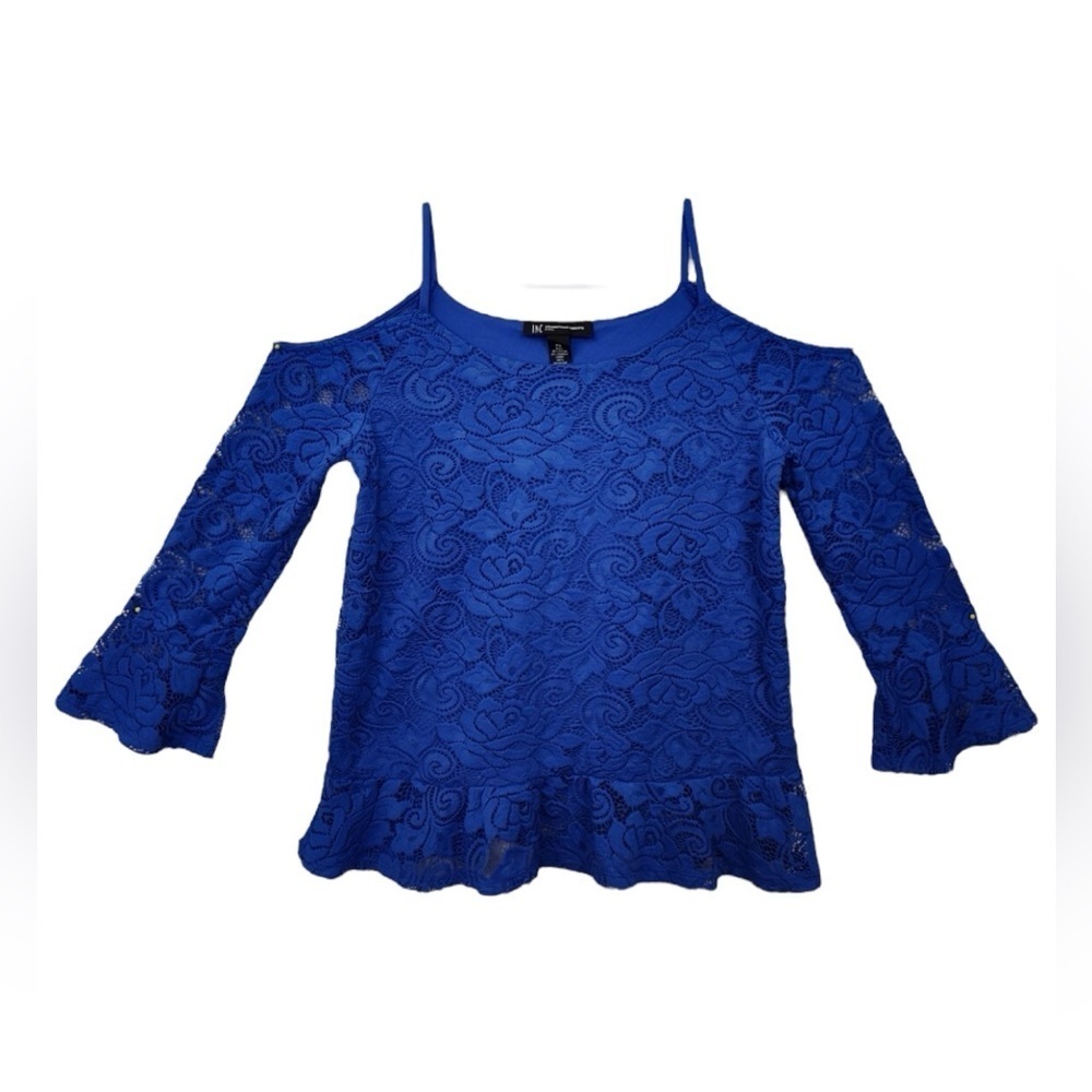 INC International Concepts Blue Cold Shoulder Lace Blouse Size 1x NWT Brand New
